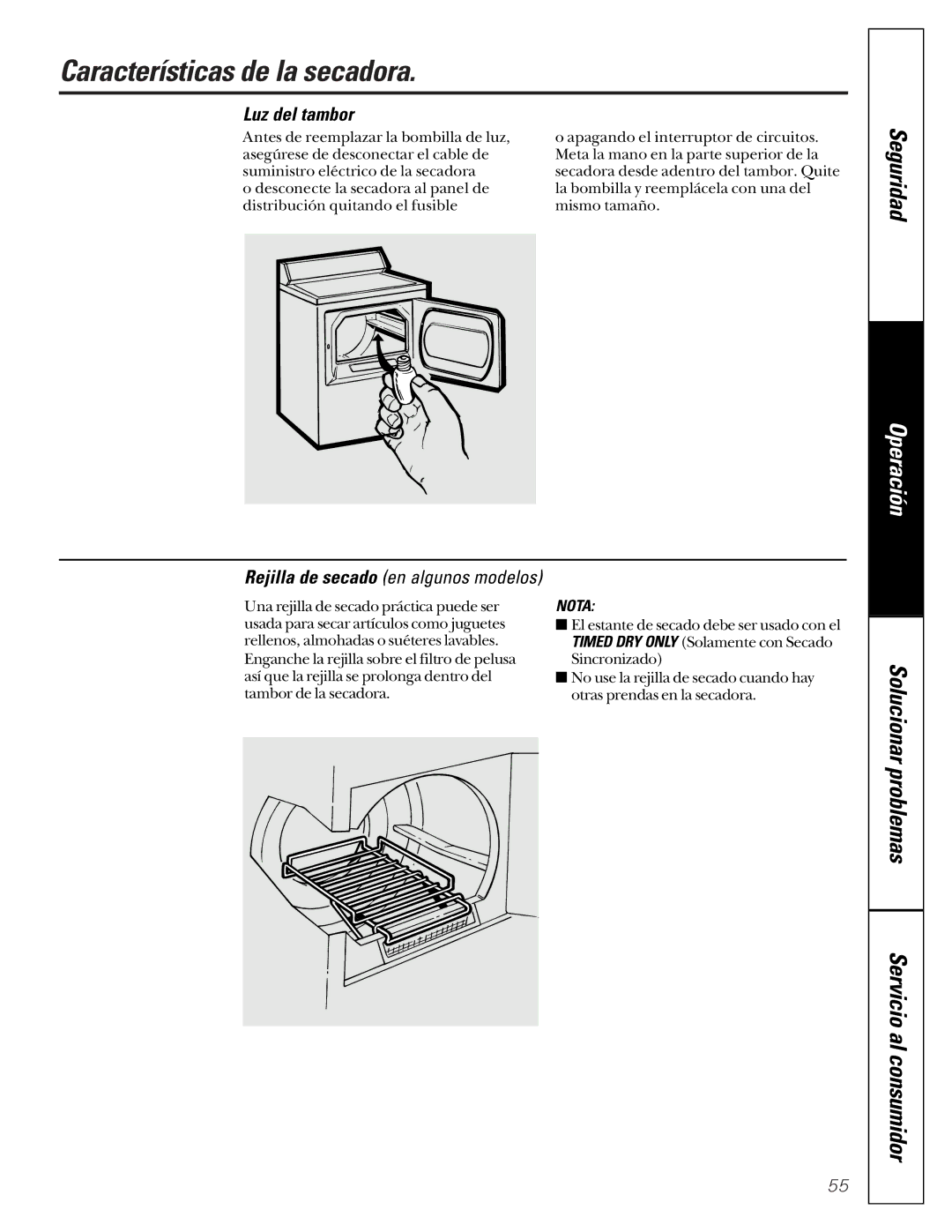 GE 591, 592 operating instructions Características de la secadora, Luz del tambor 