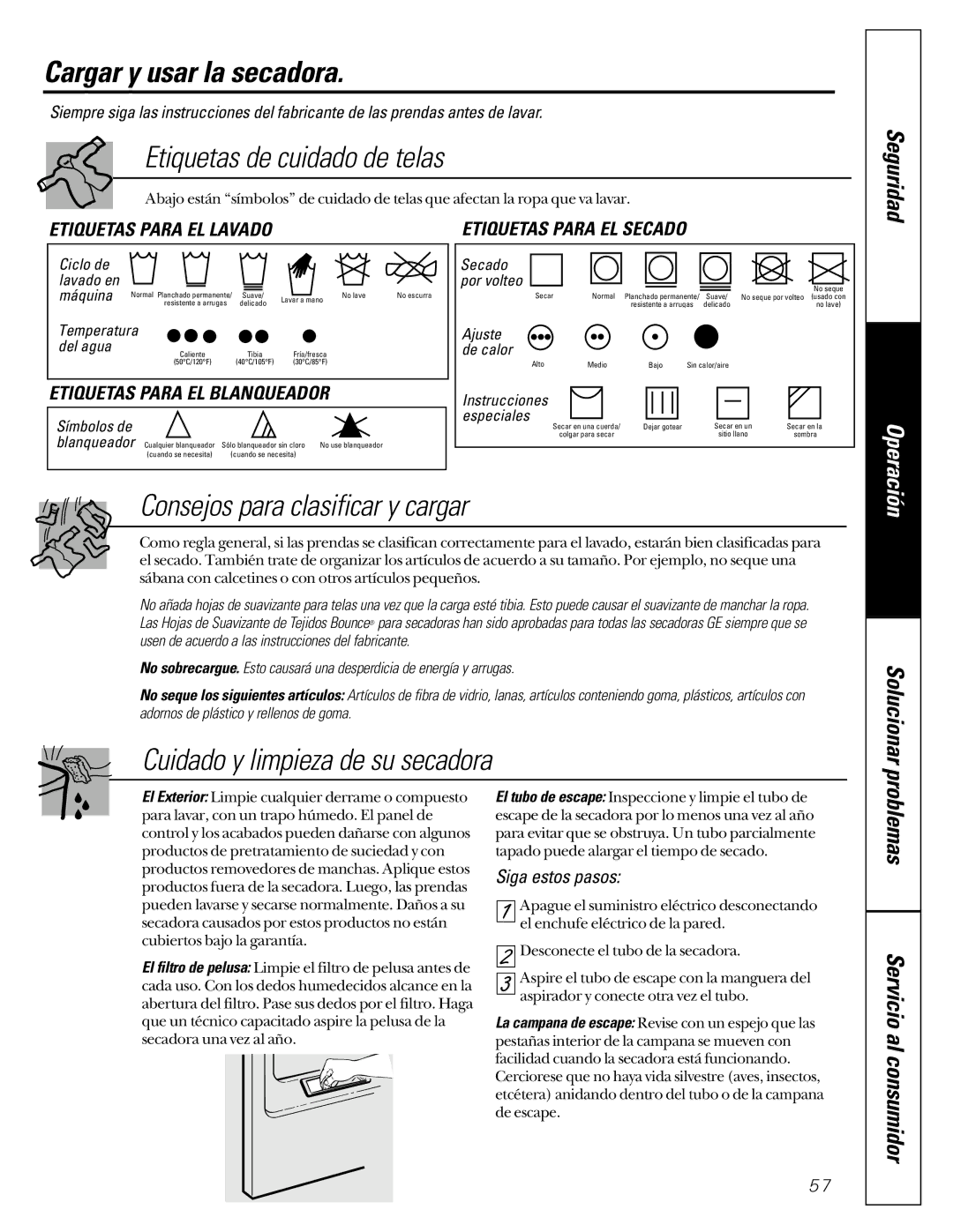 GE 591, 592 Cargar y usar la secadora, Etiquetas Para EL Lavado, Etiquetas Para EL Blanqueador, Etiquetas Para EL Secado 