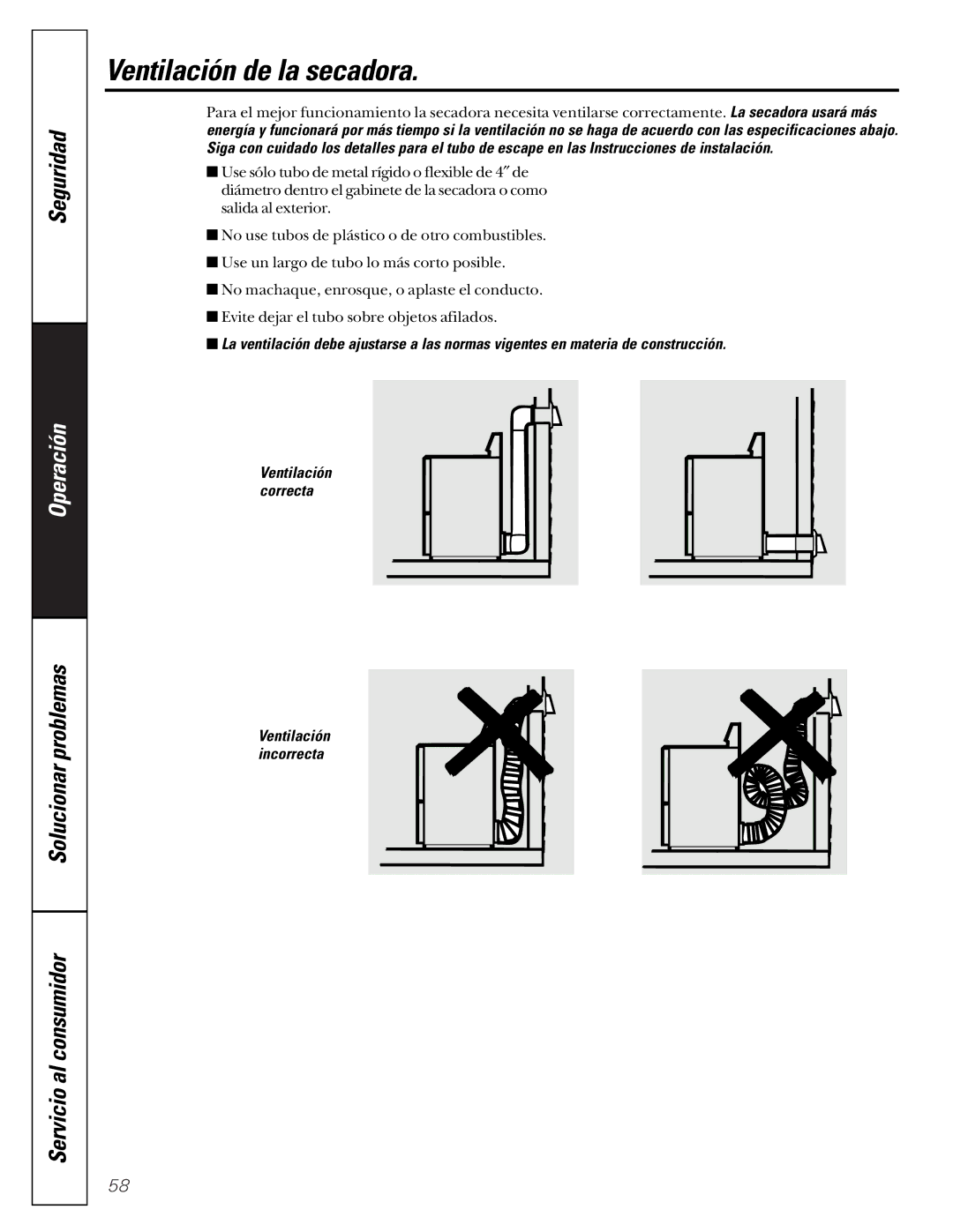 GE 592, 591 operating instructions Ventilación de la secadora 