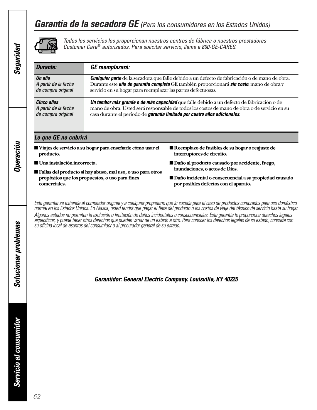 GE 592, 591 Durante GE reemplazará, Lo que GE no cubrirá, Garantidor General Electric Company. Louisville, KY, Un año 