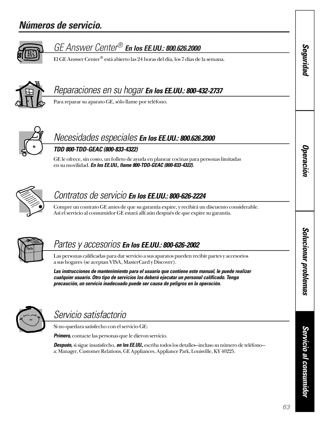 GE 591, 592 operating instructions Números de servicio, TDD 800-TDD-GEAC 