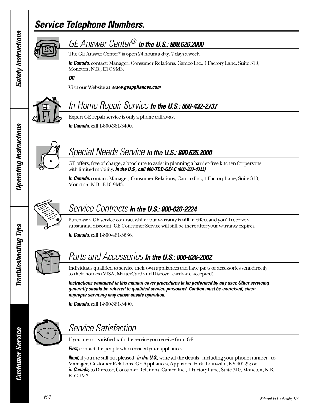 GE 592, 591 operating instructions Service Telephone Numbers, GE Answer Center In the U.S 