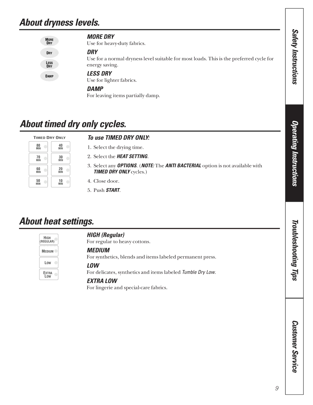 GE 591, 592 operating instructions About dryness levels, About timed dry only cycles, About heat settings 