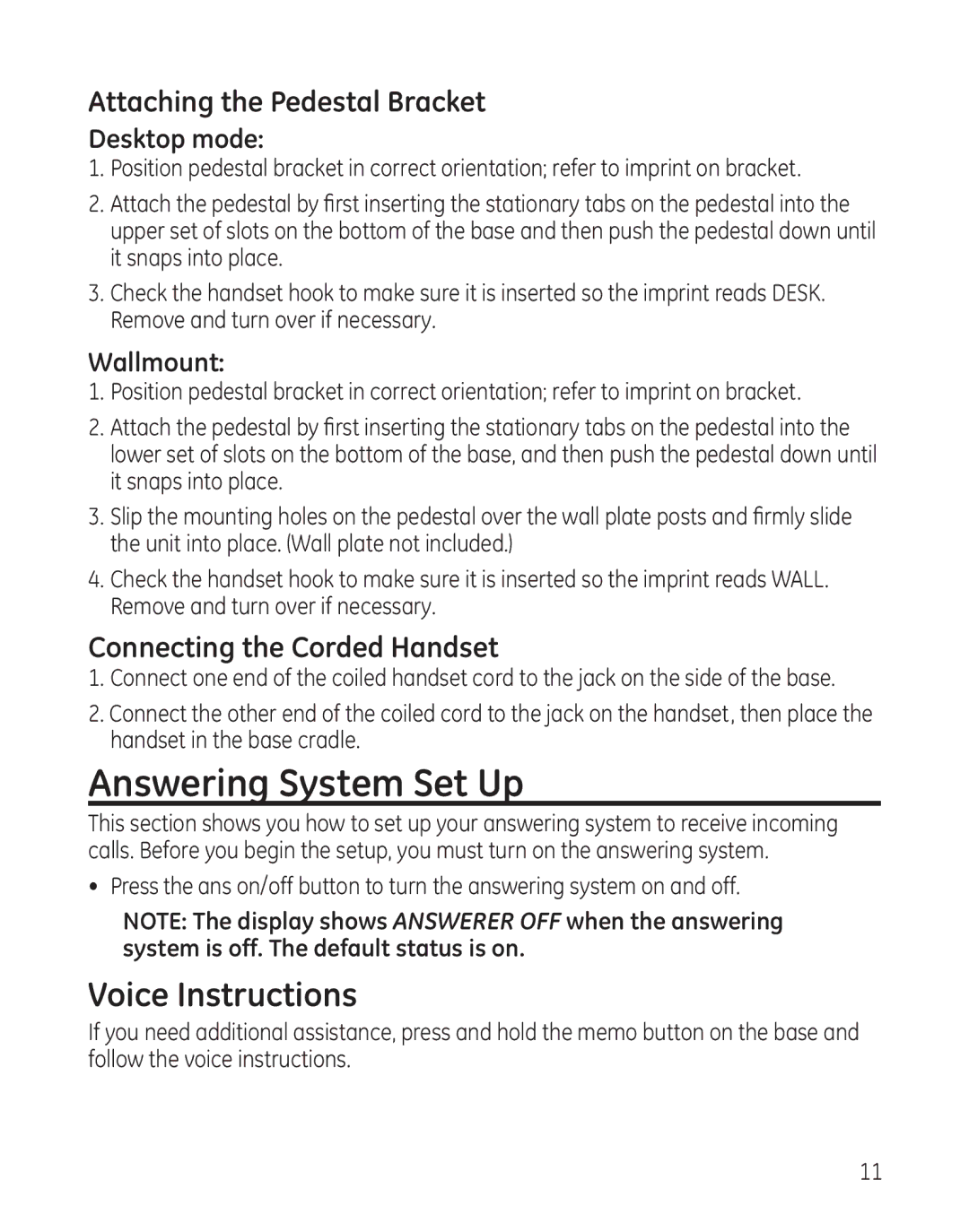 GE 25982xx3 Answering System Set Up, Voice Instructions, Attaching the Pedestal Bracket, Connecting the Corded Handset 