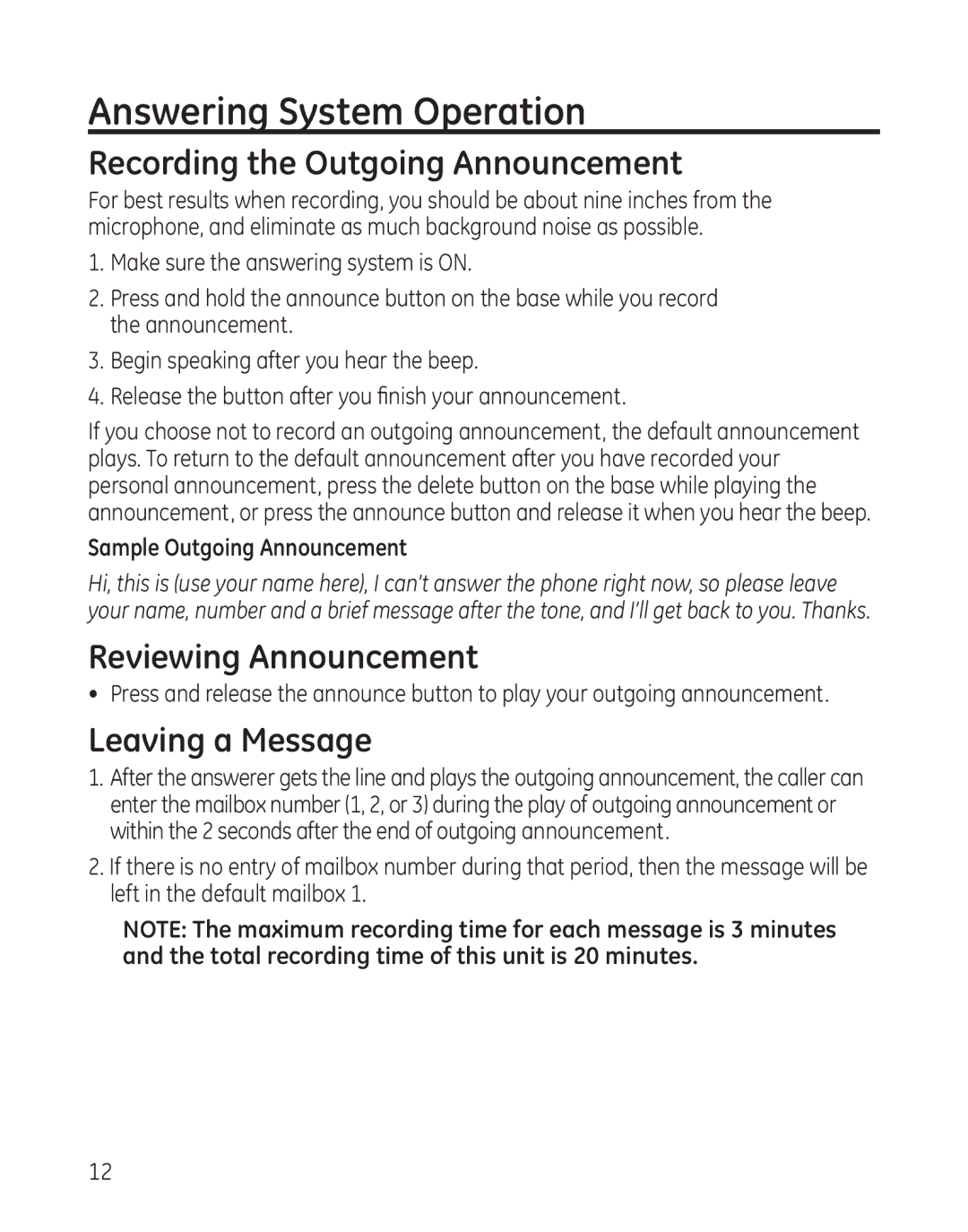 GE 598 manual Answering System Operation, Recording the Outgoing Announcement, Reviewing Announcement, Leaving a Message 