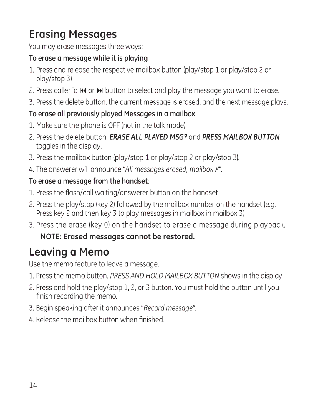GE 25982xx3, 00017670 manual Erasing Messages, Leaving a Memo 