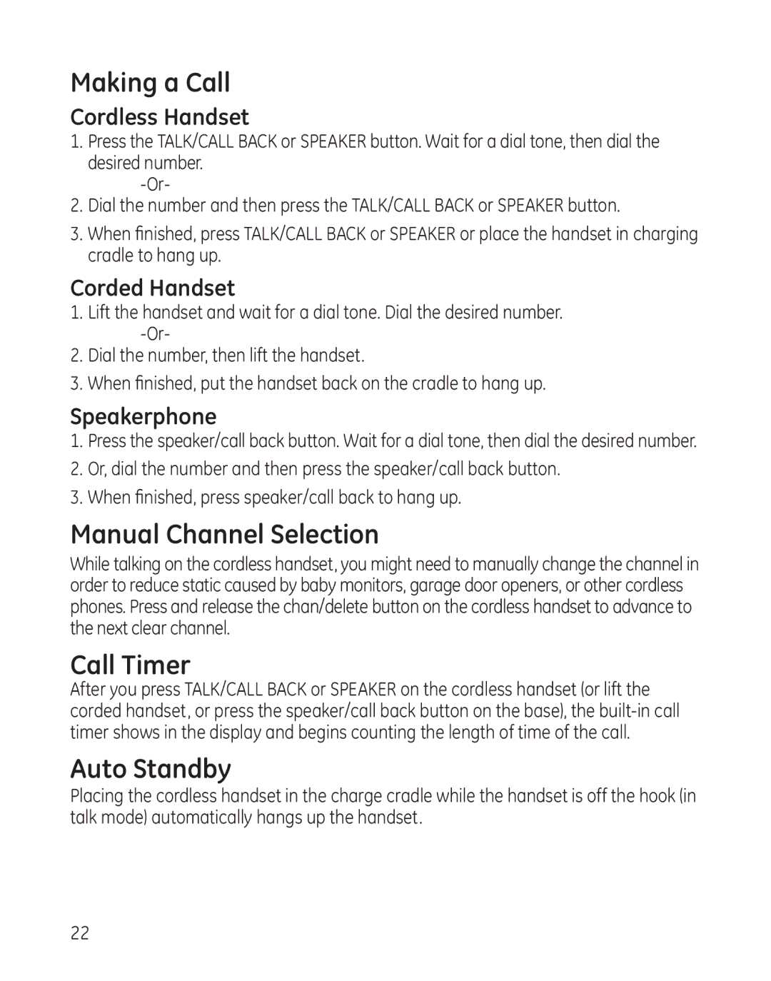 GE 00017670, 25982xx3 manual Making a Call, Manual Channel Selection, Call Timer, Auto Standby, Speakerphone 