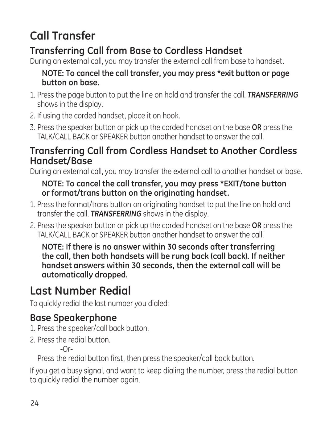 GE 00017670, 25982xx3 manual Call Transfer, Last Number Redial, Transferring Call from Base to Cordless Handset 