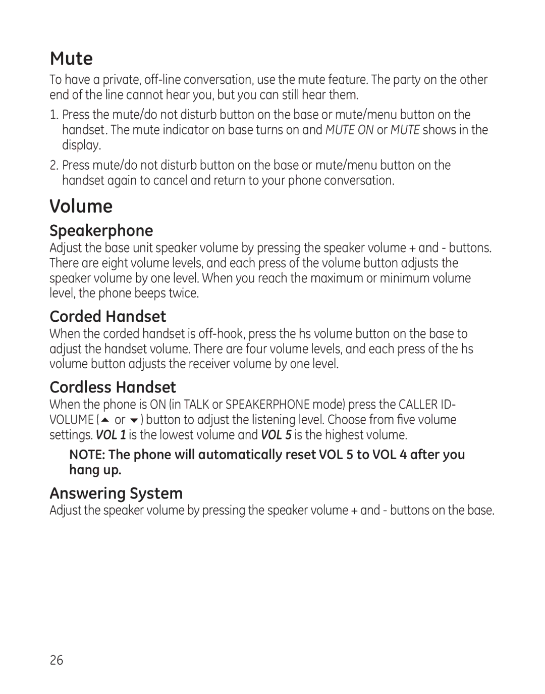 GE 25982xx3, 00017670 manual Mute, Volume, Answering System 