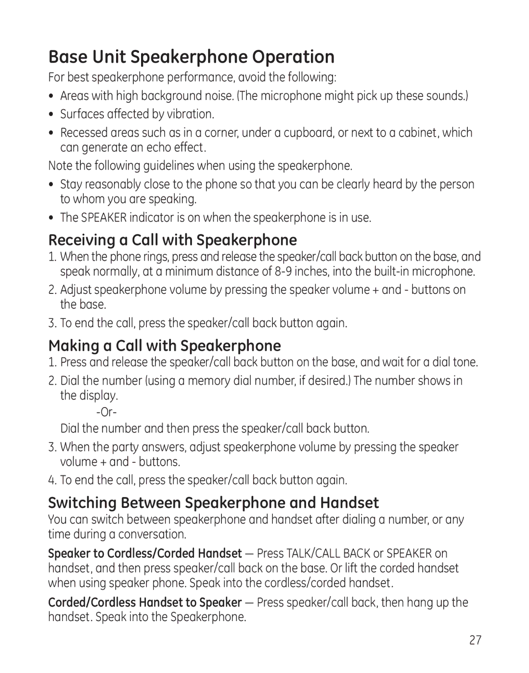 GE 598, 00017670 Base Unit Speakerphone Operation, Receiving a Call with Speakerphone, Making a Call with Speakerphone 