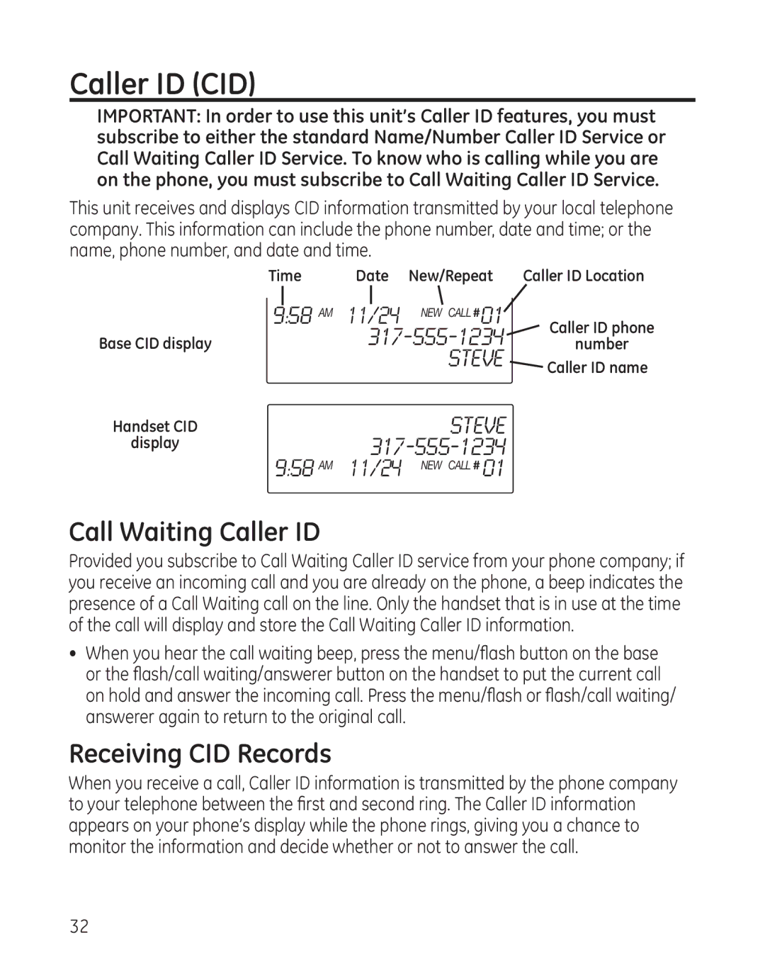 GE 25982xx3, 00017670 manual Caller ID CID, Call Waiting Caller ID, Receiving CID Records 