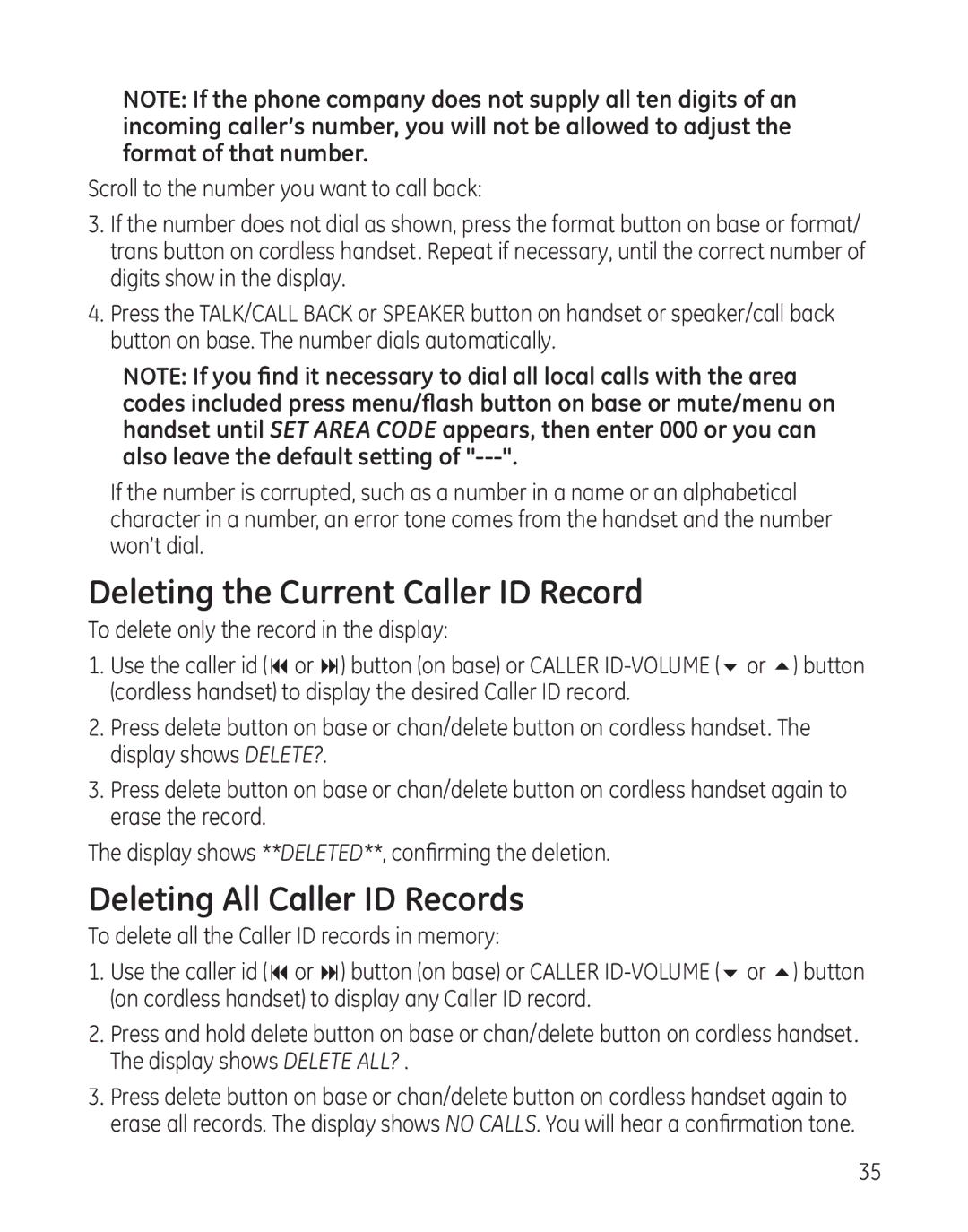 GE 25982xx3, 00017670 manual Deleting the Current Caller ID Record, Deleting All Caller ID Records 