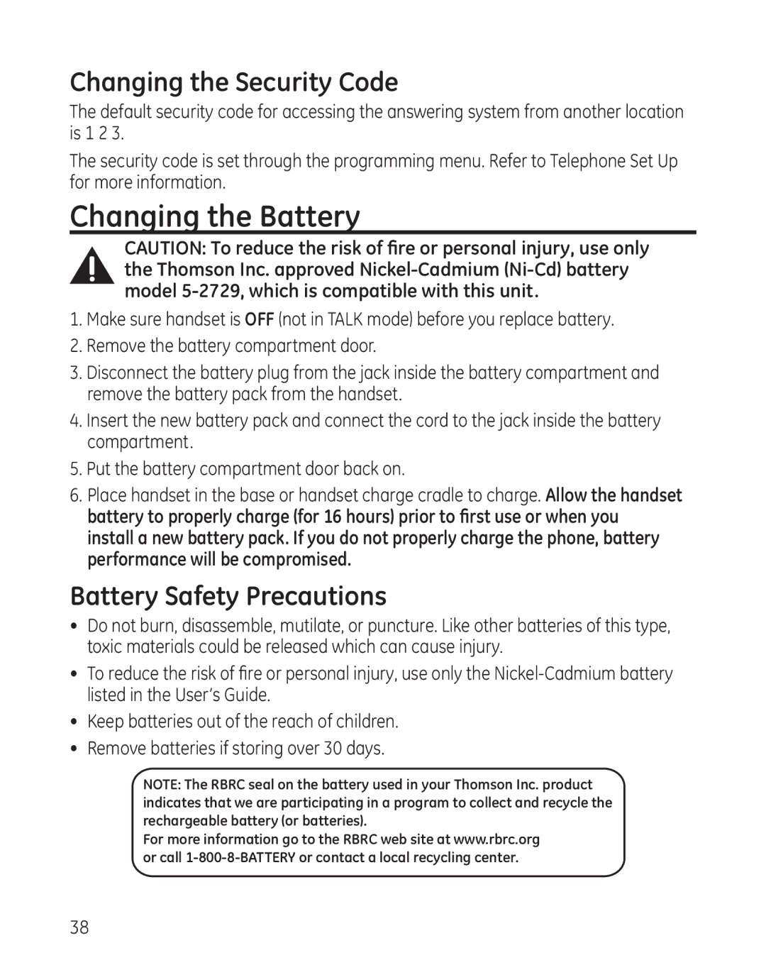 GE 25982xx3, 00017670 manual Changing the Battery, Changing the Security Code, Battery Safety Precautions 