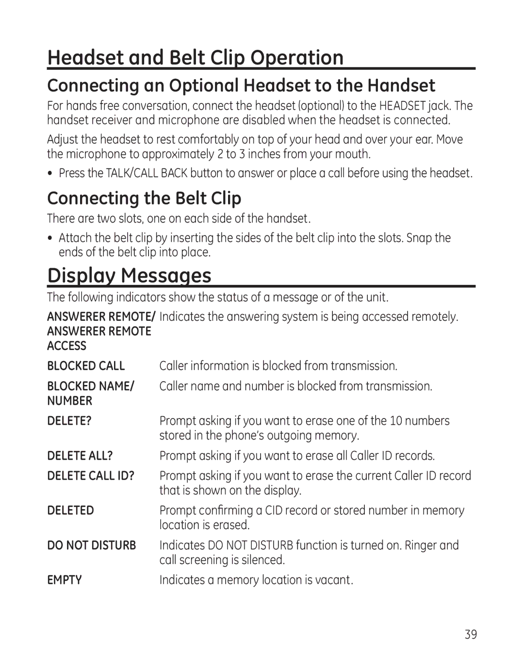 GE 00017670, 25982xx3 Headset and Belt Clip Operation, Display Messages, Connecting an Optional Headset to the Handset 