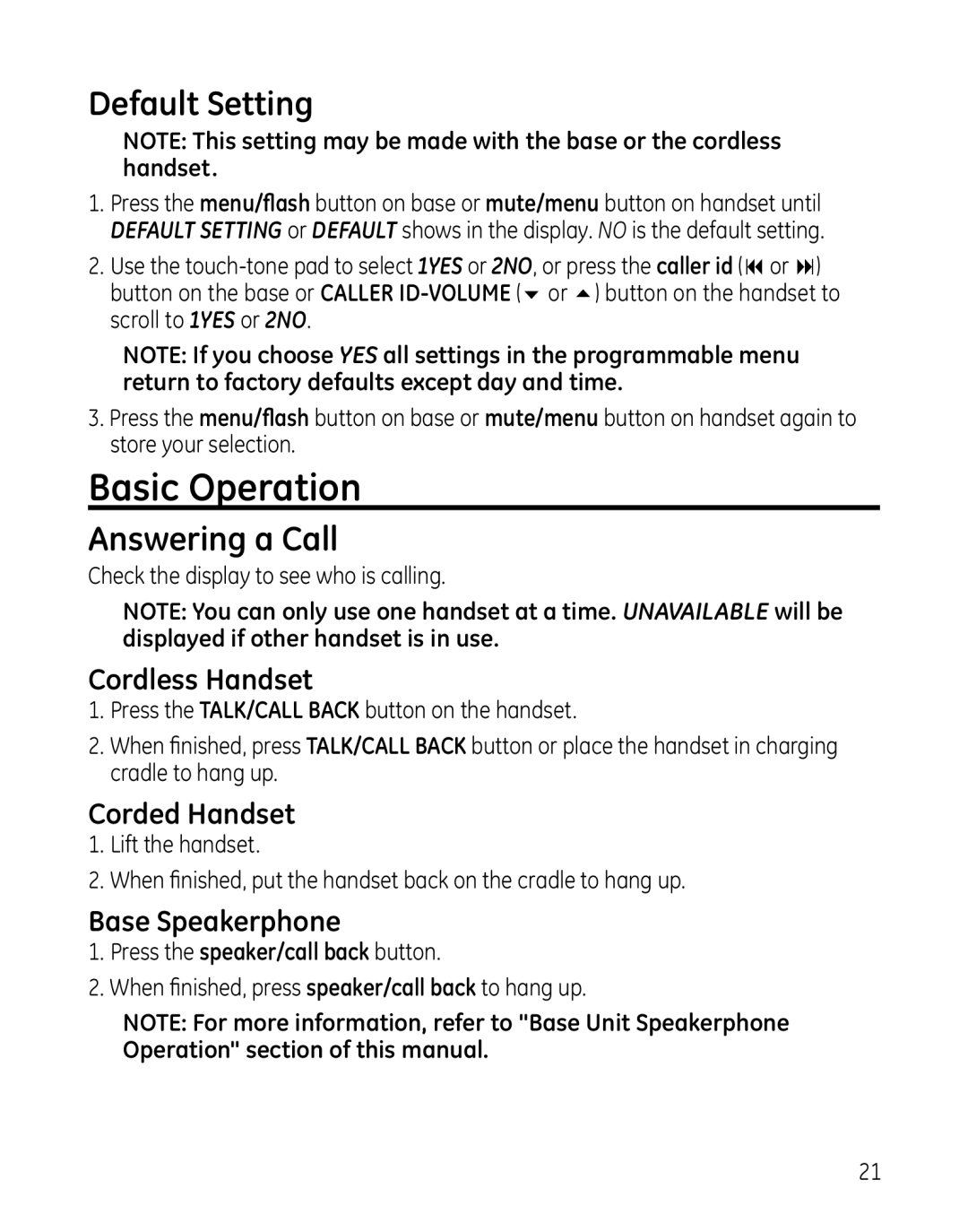 GE 0005467, 25983xx3, 25983xx2 manual Basic Operation, Default Setting, Answering a Call 