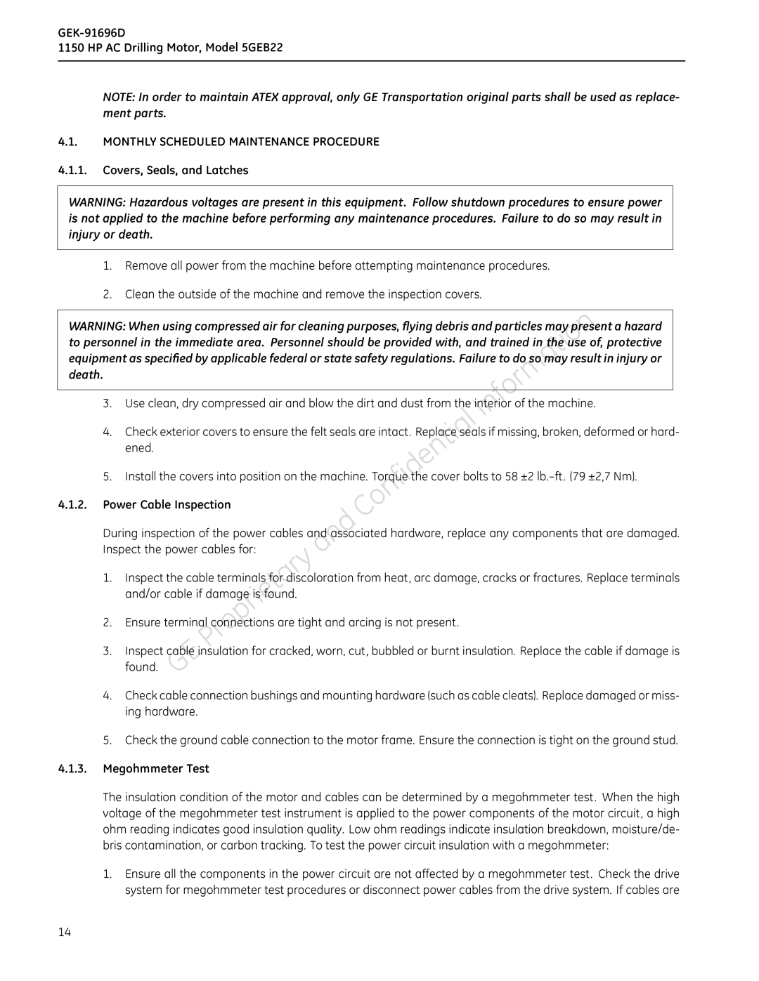 GE 5GEB22 manual PowerCableInspection, Orcircuit,ahigh, 1150HPACDrilling, Voltageofthe Est, Tothepowercomponentsofthe 