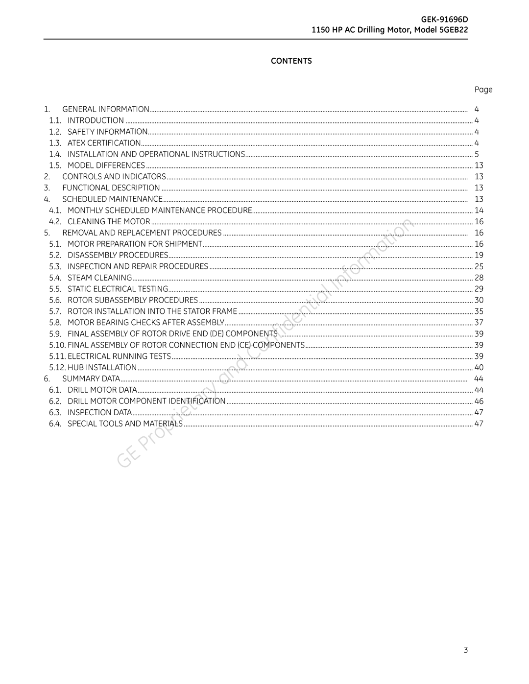 GE manual GEK-91696D, CONTENTS1150HPACDrillingMotor,Model5GEB22 