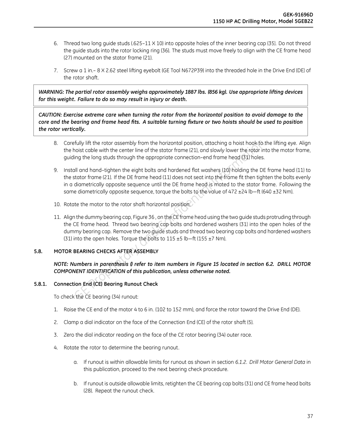 GE 5GEB22 Toch, OnthefaceoftheConnectionEndCEoftherotorshaft5, 3Zerothedial ReadingonthefaceoftheCErotorbearing34outerrace 