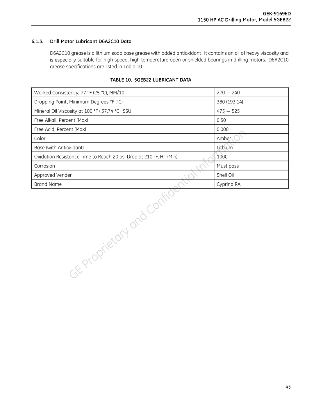 GE 5GEB22 manual Minerallkali,OilViscosityat100F,37.74C,SSU, Color, BasewithAntioxidant, FreeAcid,PercentMax 