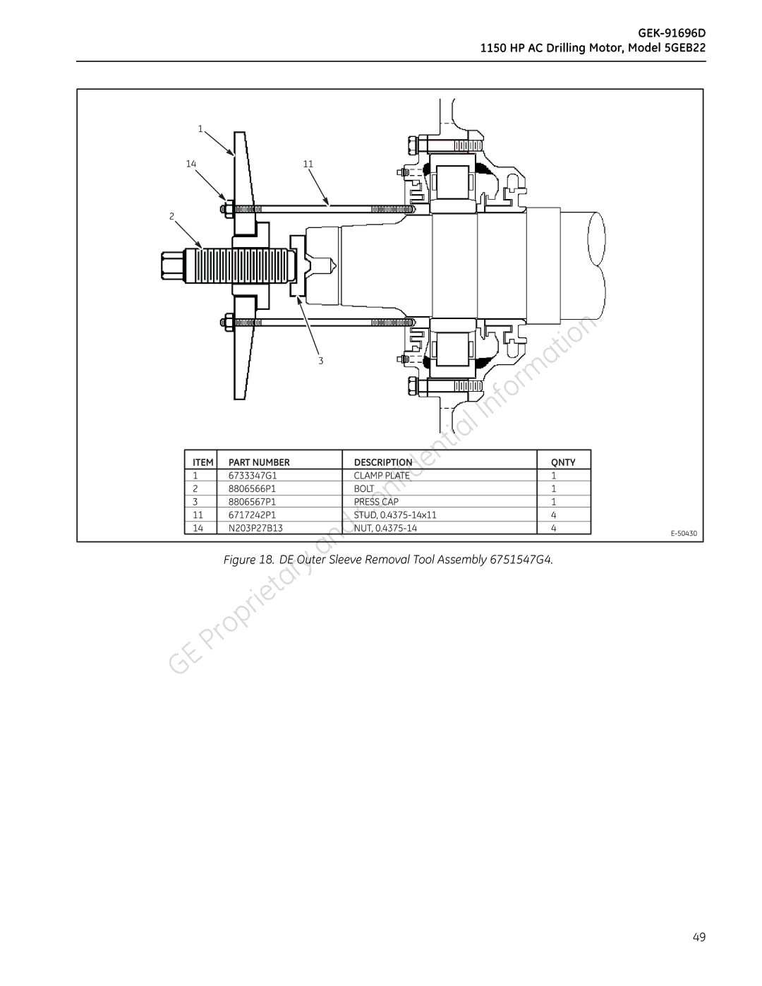 GE 5GEB22 manual DEOuterSleeveRemovalToolAssembly6751547G4 