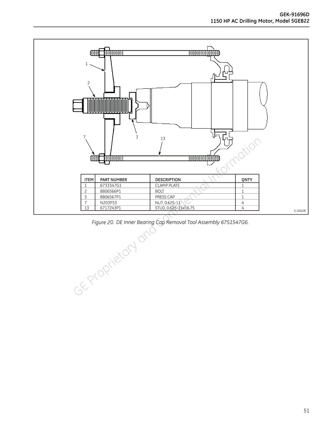 GE 5GEB22 manual DEInnerBearingCapRemovalToolAssembly6751547G6 