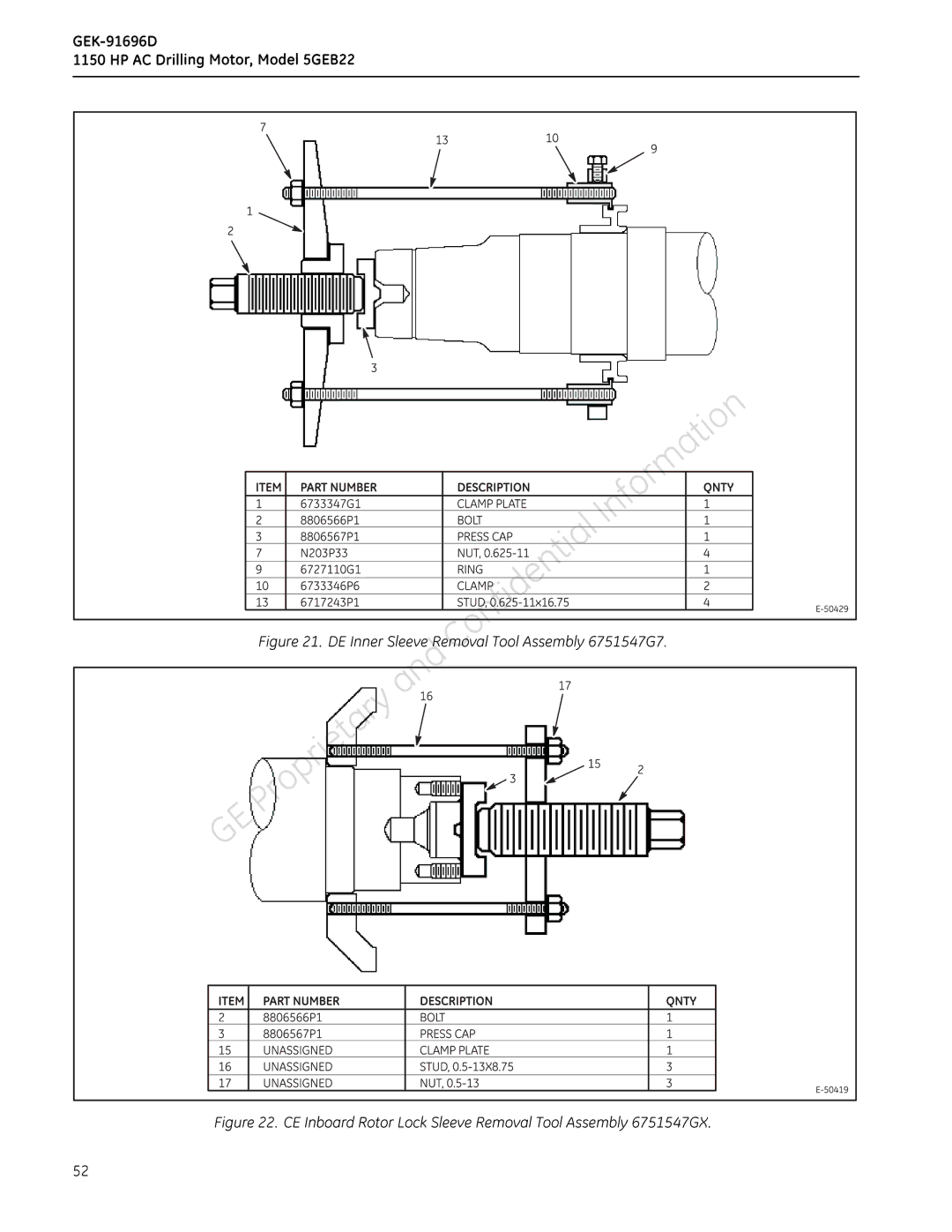 GE 5GEB22 manual DEInnerSleeve RemovalToolAssembly 6751547G7 