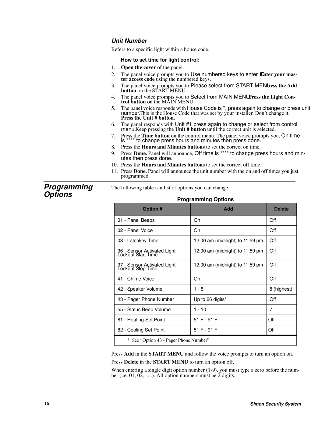 GE 60-875 manual Unit Number, How to set time for light control, Programming Options 