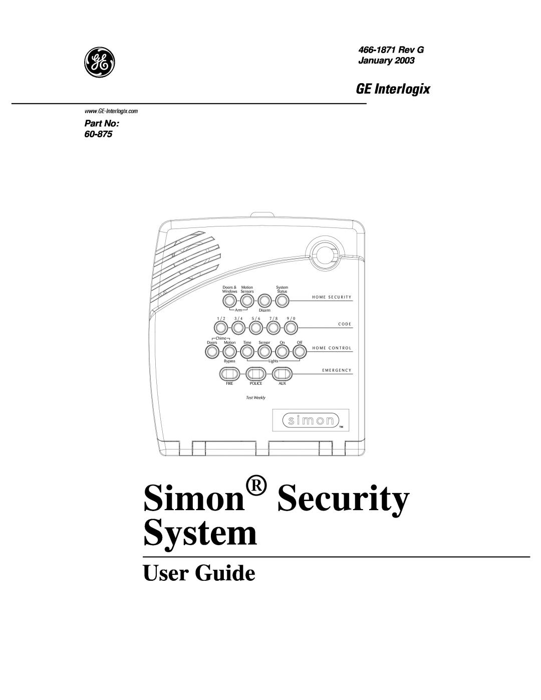 GE 60-875 manual Simon Security System, User Guide, Qwhuorjl, Disarm, Sensor, Test Weekly 