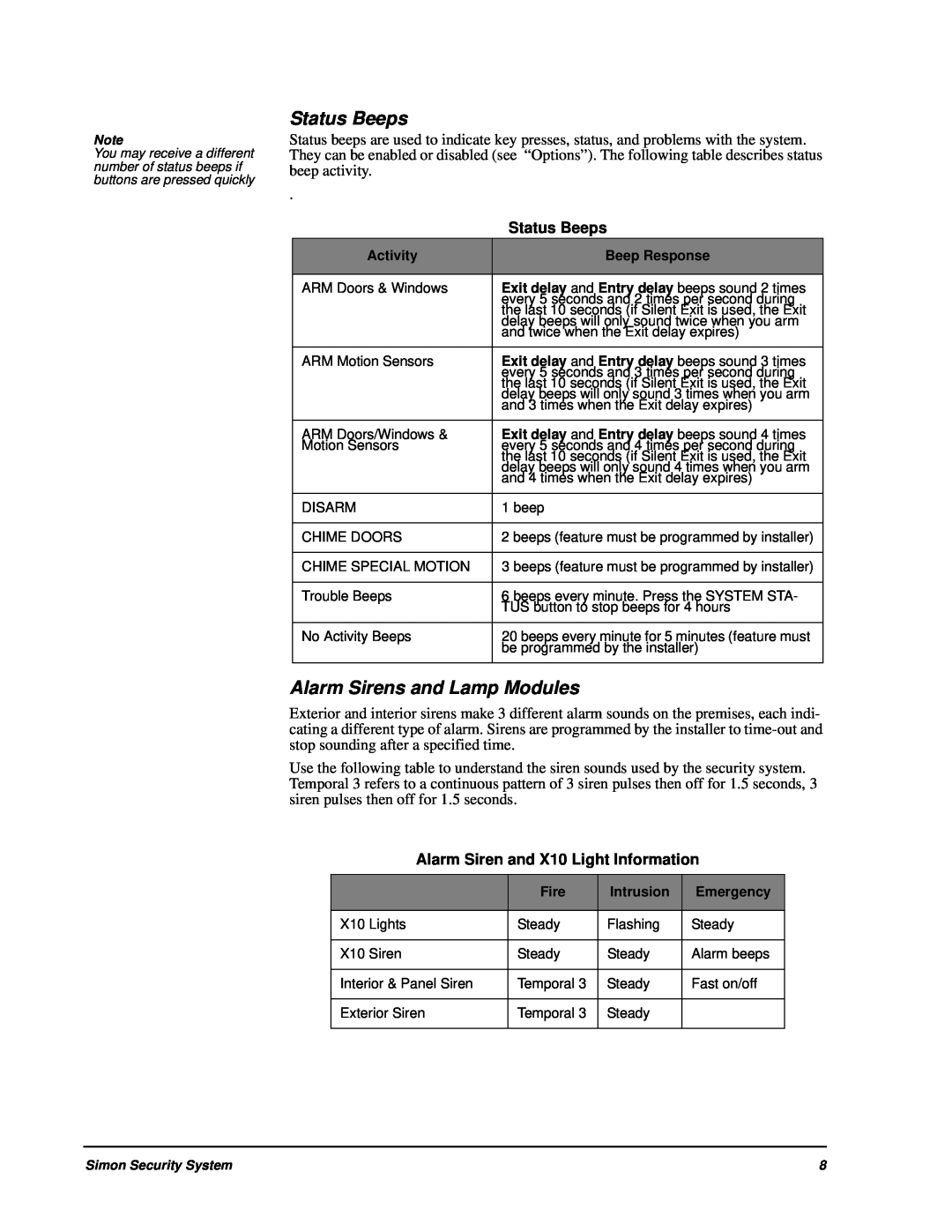 GE 60-875 manual Status Beeps, Alarm Sirens and Lamp Modules, Alarm Siren and X10 Light Information 