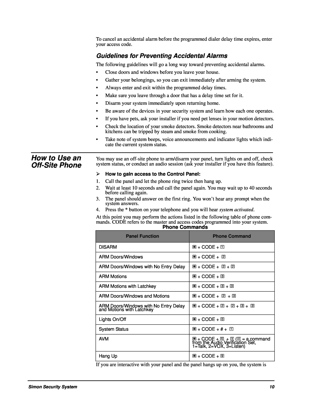 GE 60-875 manual How to Use an Off-SitePhone, Guidelines for Preventing Accidental Alarms, Phone Commands 