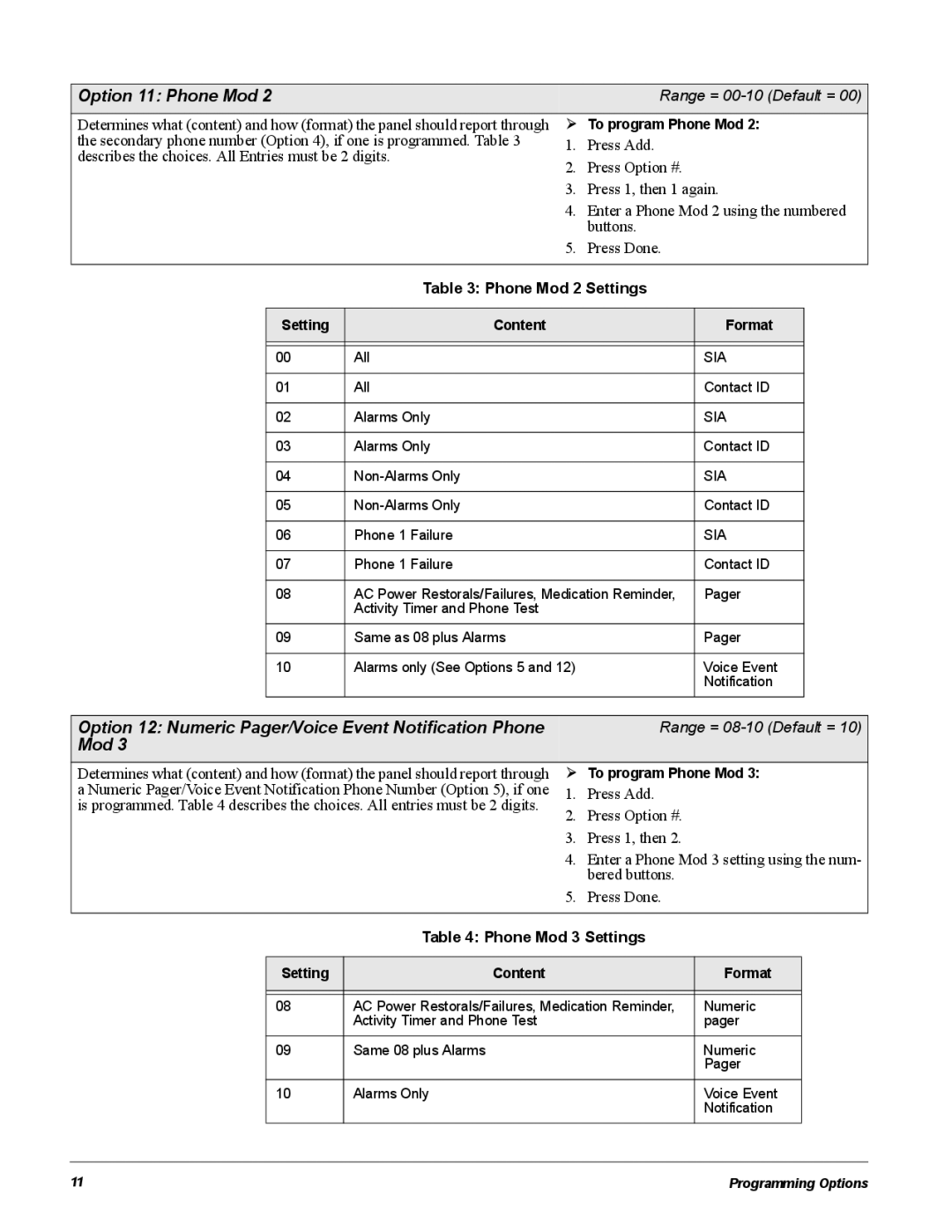 GE 60-883-95R Option 11 Phone Mod, Option 12 Numeric Pager/Voice Event Notification Phone, Phone Mod 2 Settings 