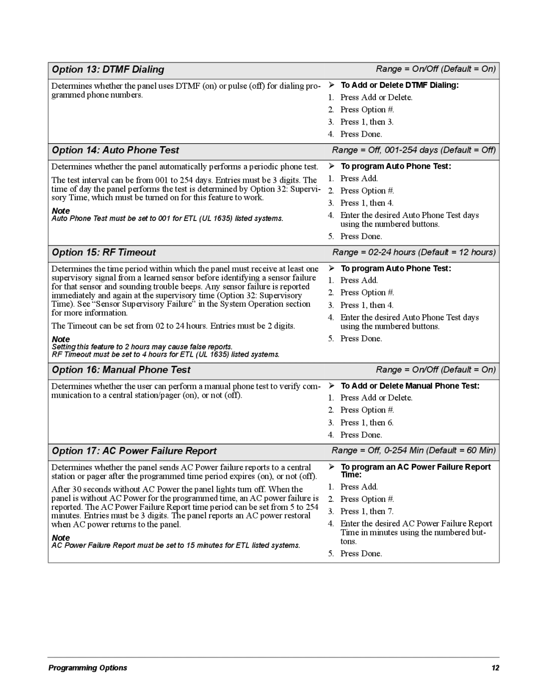 GE 60-883-95R Option 13 Dtmf Dialing, Option 14 Auto Phone Test, Option 15 RF Timeout, Option 16 Manual Phone Test 
