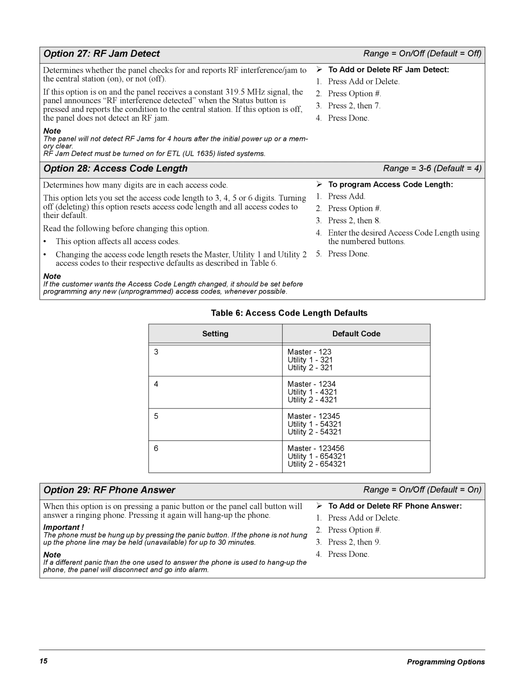 GE 60-883-95R Option 27 RF Jam Detect, Option 28 Access Code Length, Option 29 RF Phone Answer, Range = 3-6 Default = 