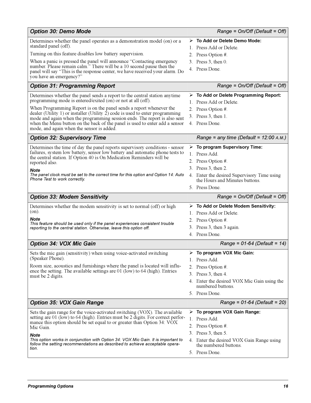 GE 60-883-95R Option 30 Demo Mode, Option 31 Programming Report, Option 32 Supervisory Time, Option 33 Modem Sensitivity 