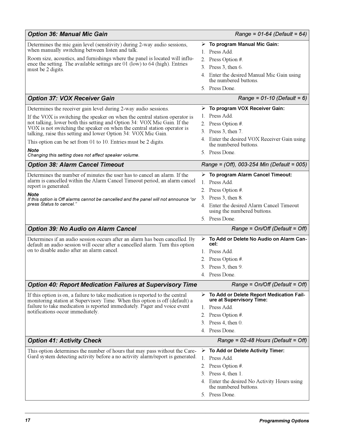 GE 60-883-95R Option 36 Manual Mic Gain, Option 37 VOX Receiver Gain, Option 38 Alarm Cancel Timeout 