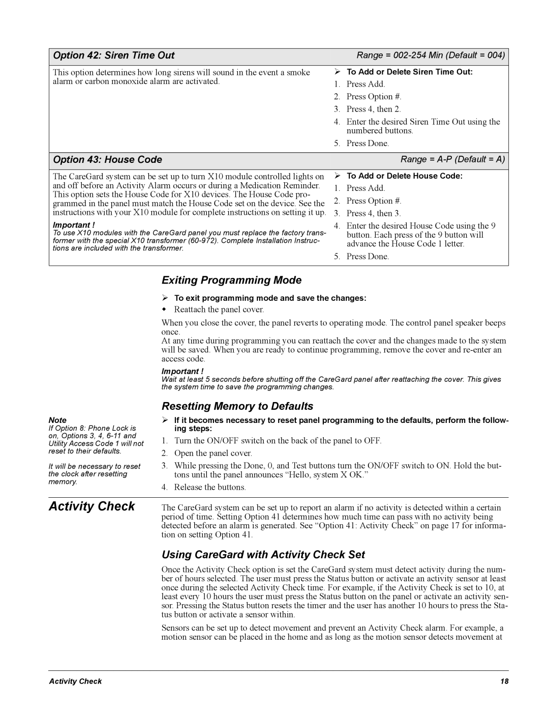 GE 60-883-95R Exiting Programming Mode, Resetting Memory to Defaults, Using CareGard with Activity Check Set 