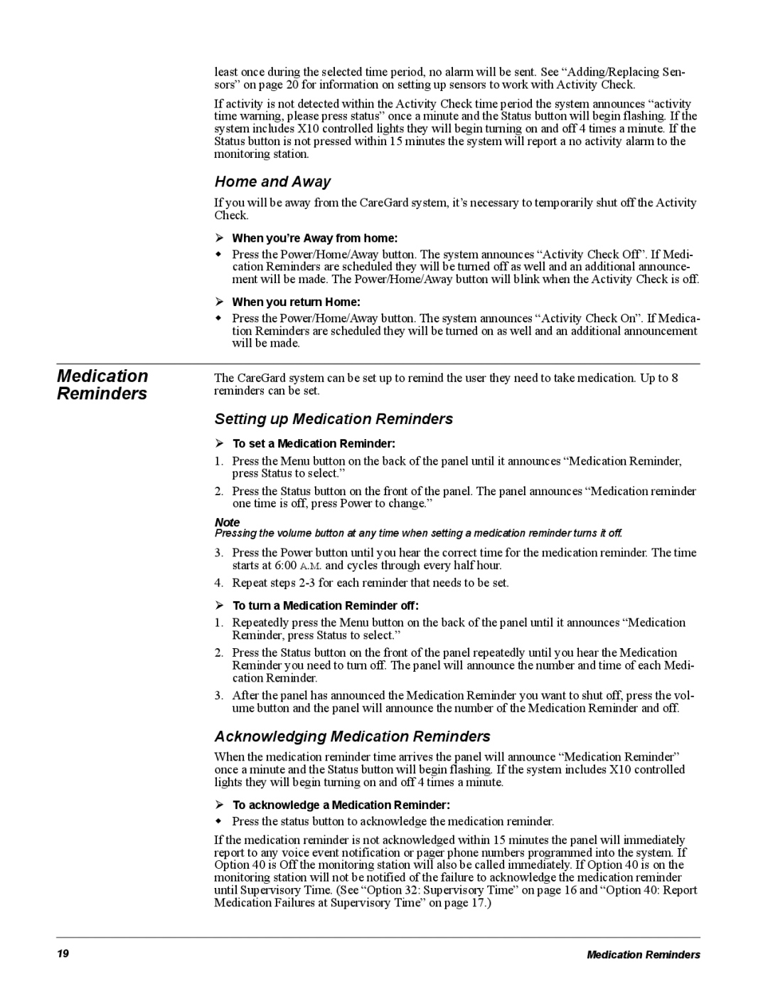 GE 60-883-95R installation instructions Home and Away, Setting up Medication Reminders, Acknowledging Medication Reminders 