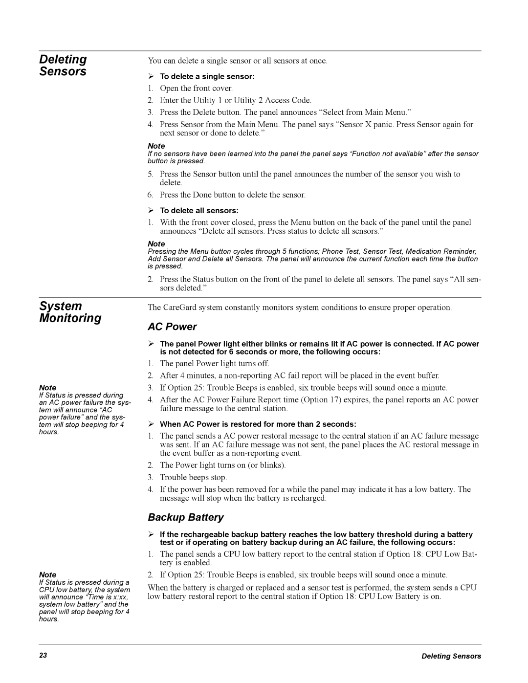 GE 60-883-95R installation instructions Deleting Sensors, System, Monitoring, AC Power, Backup Battery 