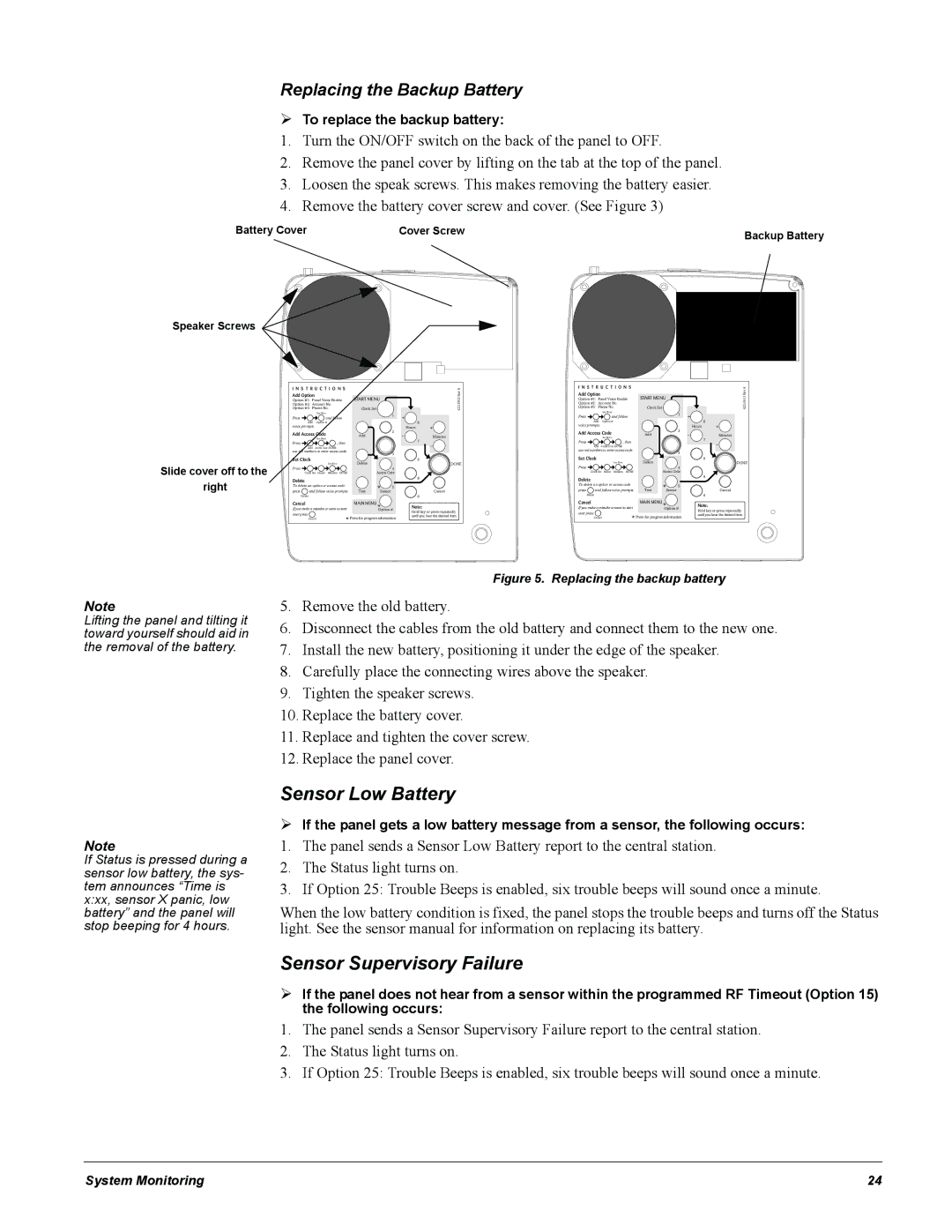 GE 60-883-95R installation instructions Sensor Low Battery, Sensor Supervisory Failure, Replacing the Backup Battery 