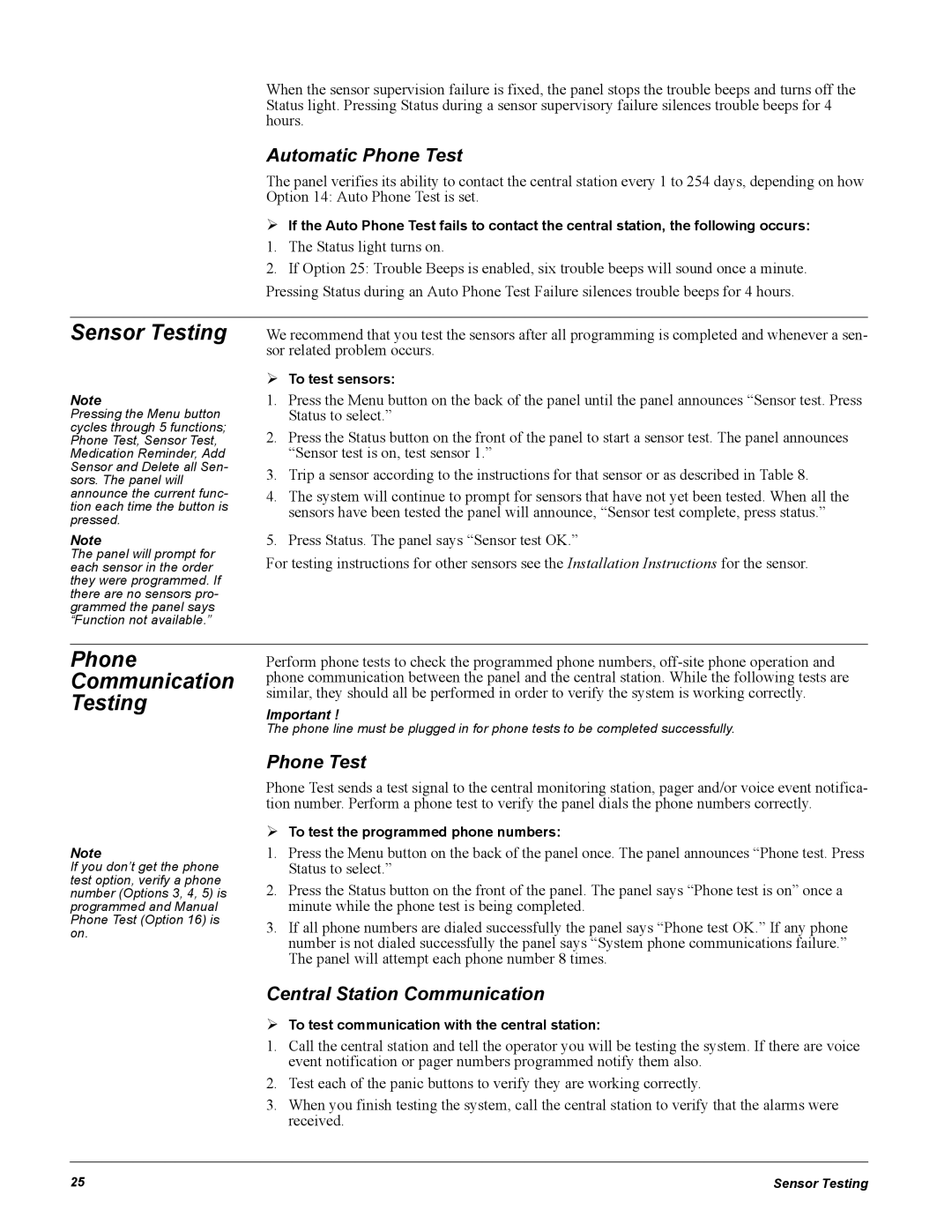 GE 60-883-95R installation instructions Sensor Testing, Automatic Phone Test, Central Station Communication 