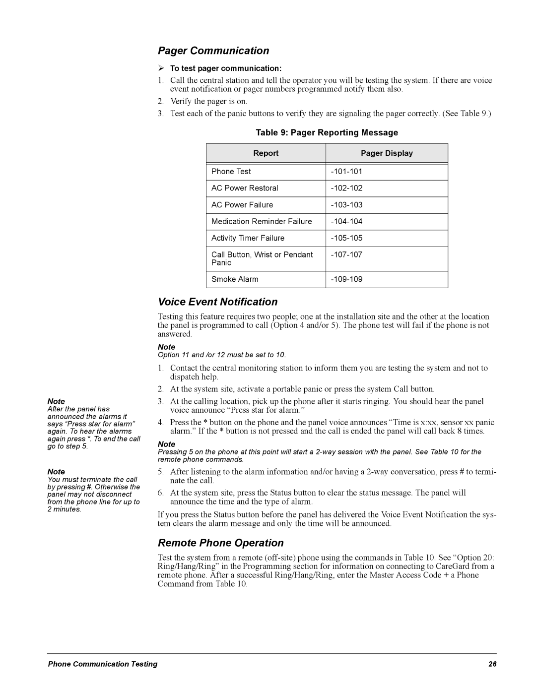 GE 60-883-95R Pager Communication, Voice Event Notification, Remote Phone Operation, Pager Reporting Message 