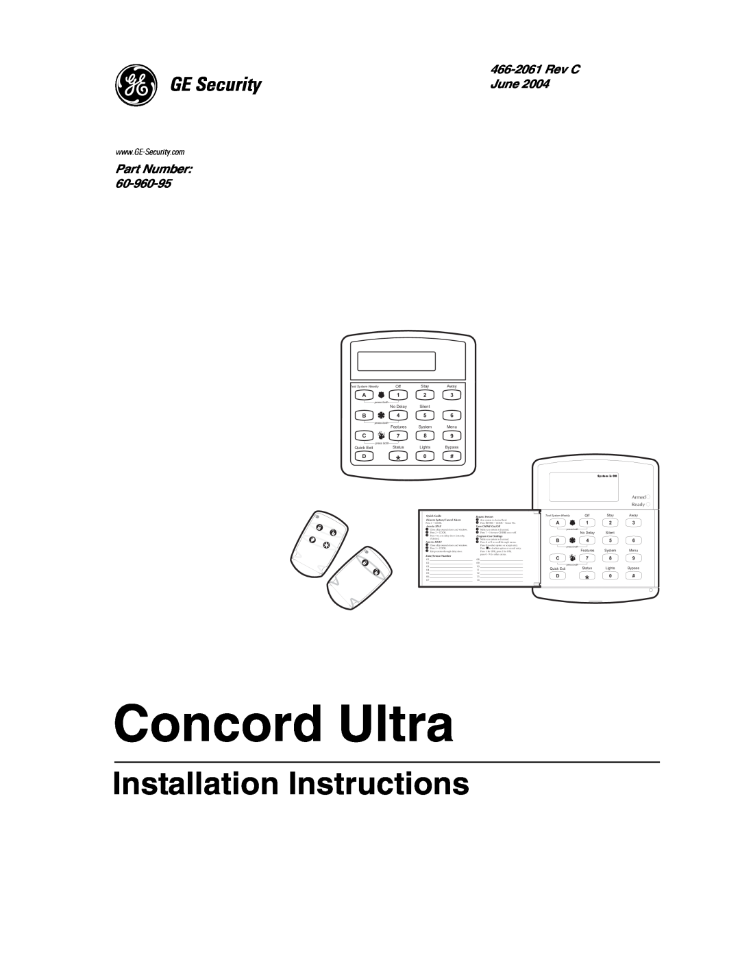 GE 60-960-95 installation instructions Concord Ultra, Installation Instructions, 6HFXULW, 466-2061Rev C, June, Part Number 