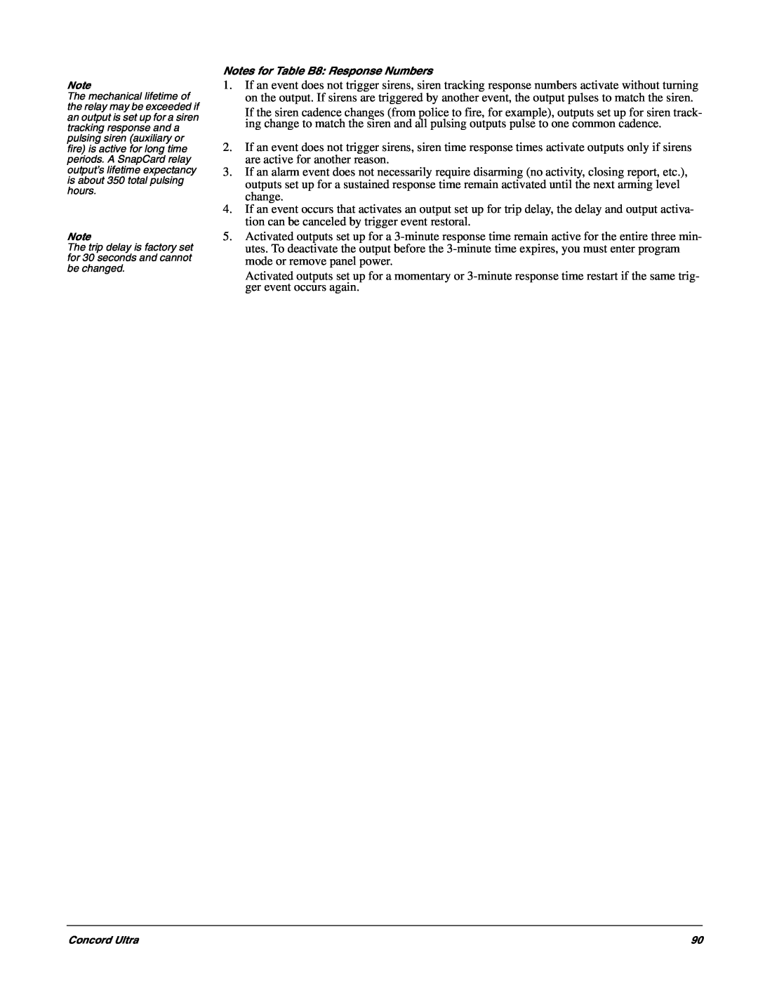 GE 60-960-95 installation instructions Notes for Table B8: Response Numbers, Concord Ultra 