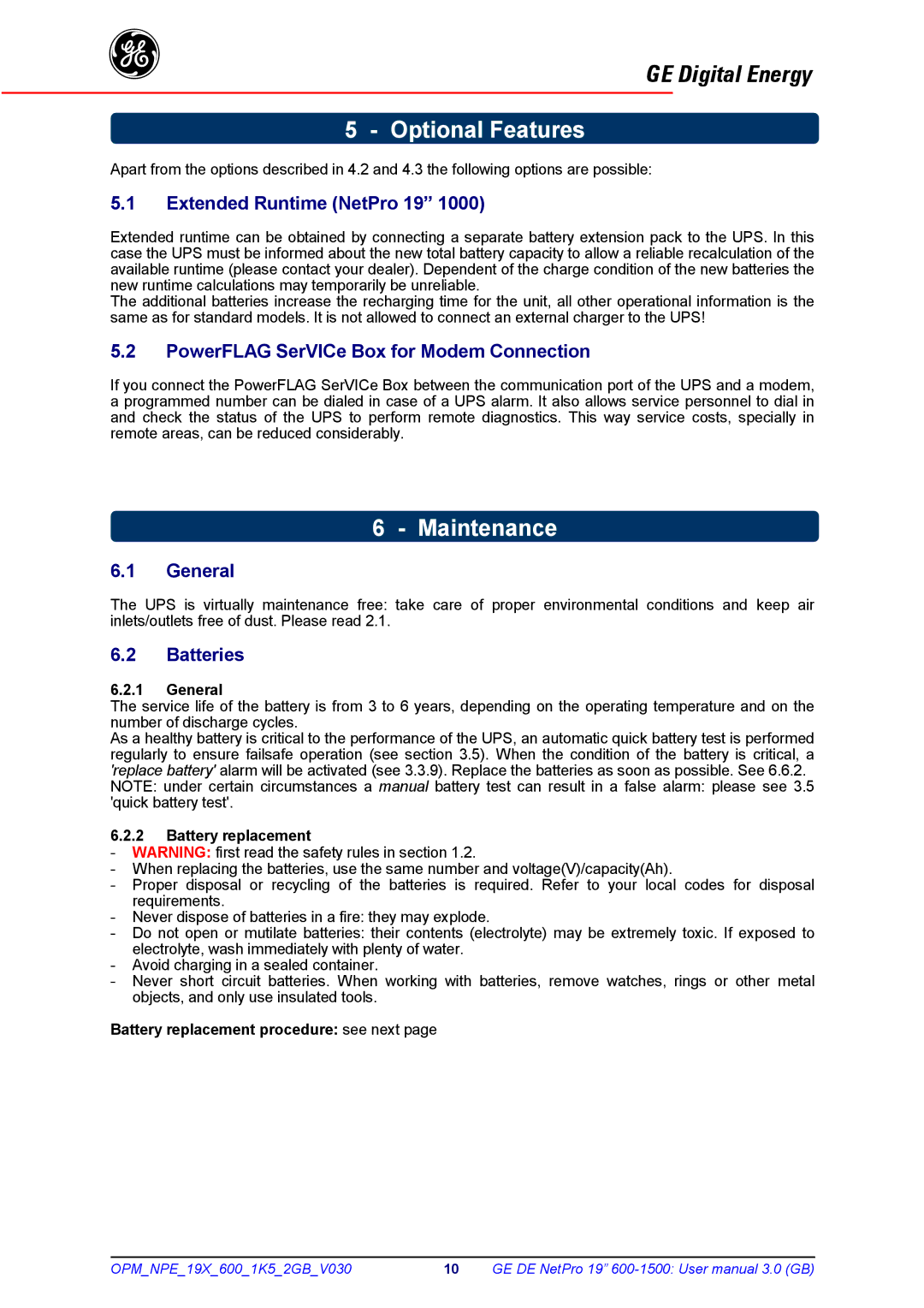 GE 600 - 1500 VA manual Optional Features, Maintenance 