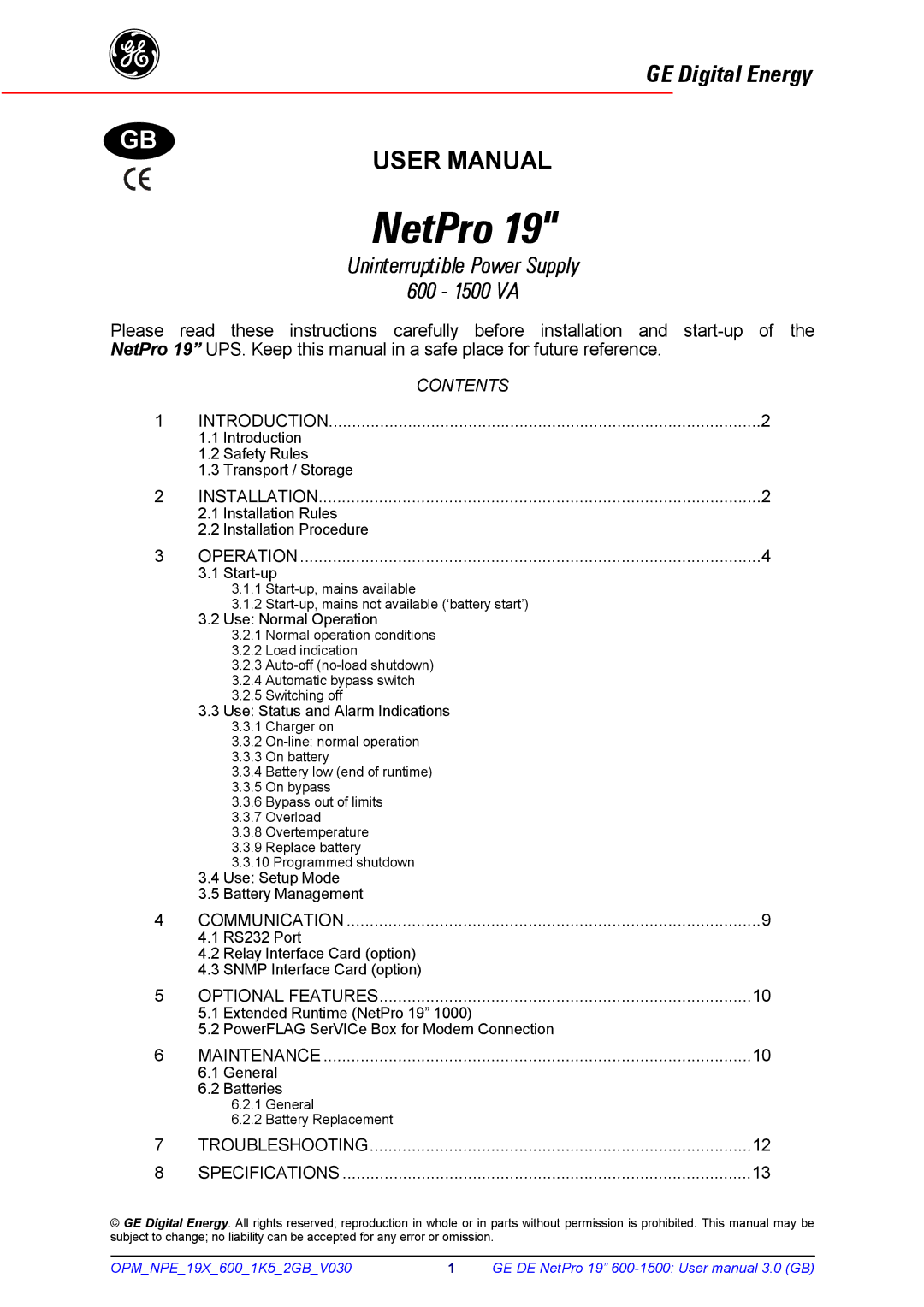 GE 600 - 1500 VA manual NetPro 