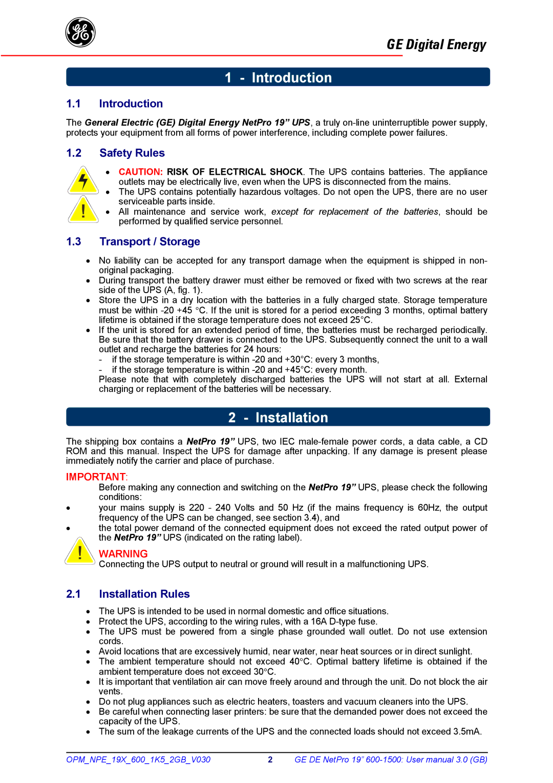 GE 600 - 1500 VA manual Introduction, Installation 