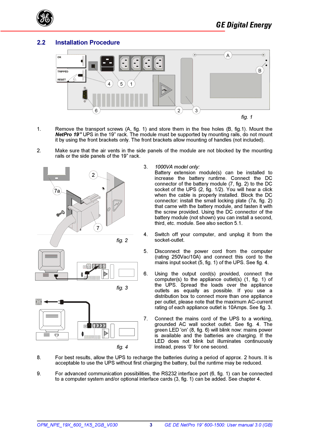 GE 600 - 1500 VA manual Installation Procedure, 1000VA model only 