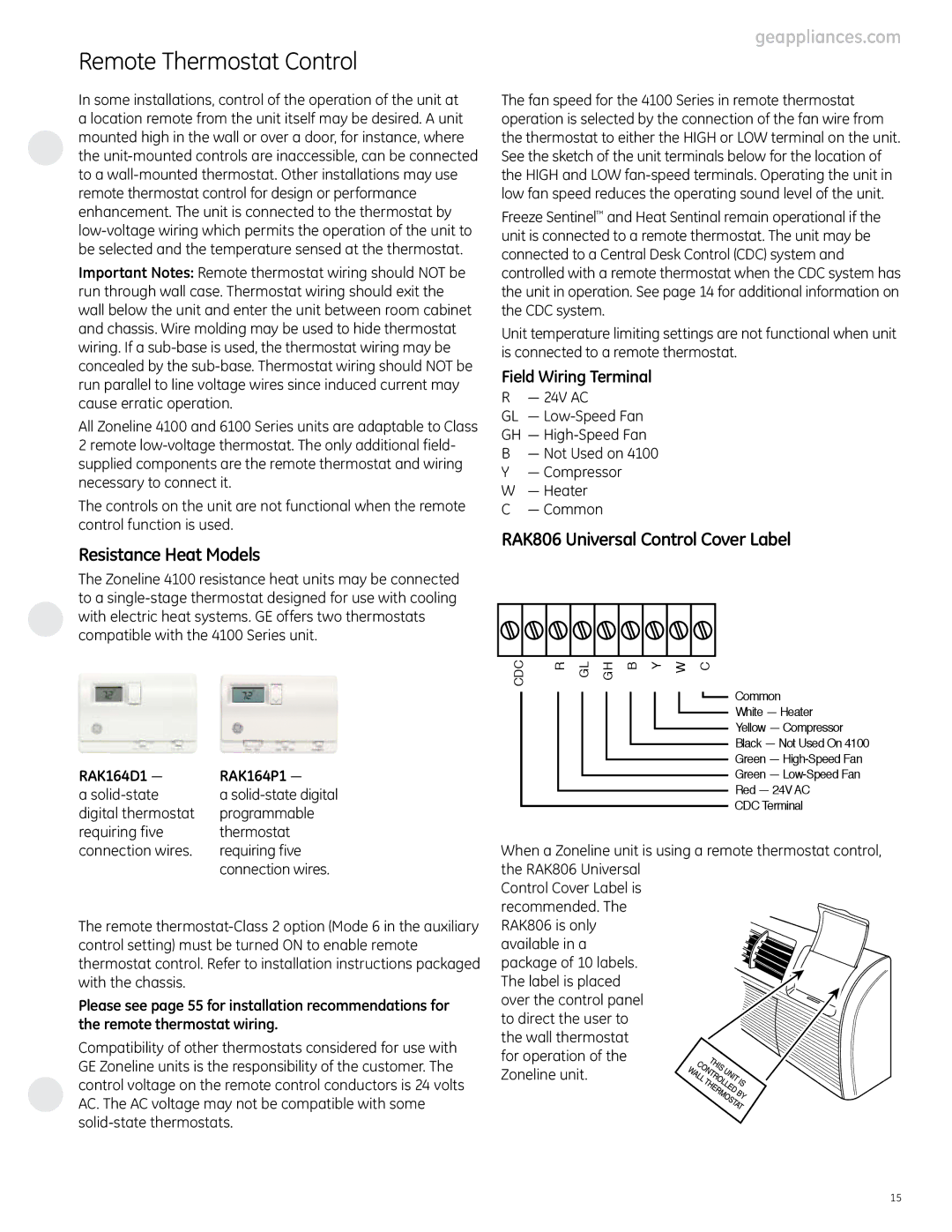 GE 4100 Remote Thermostat Control, Resistance Heat Models, RAK806 Universal Control Cover Label, Field Wiring Terminal 