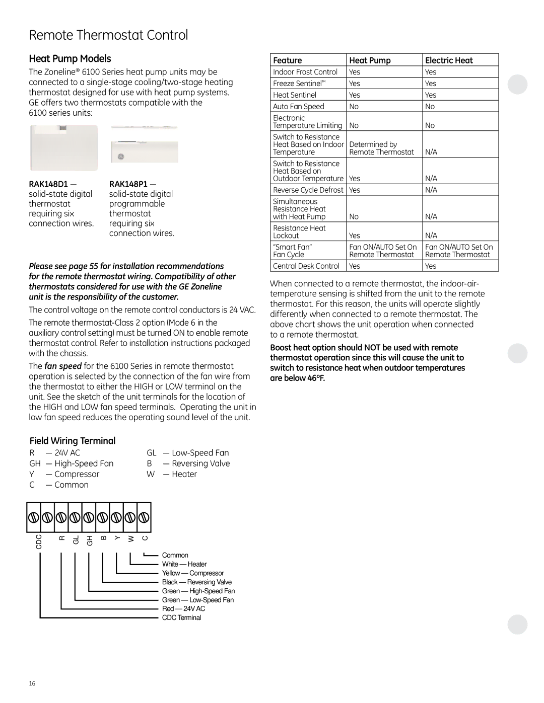 GE 6100, 4100 manual Heat Pump Models, RAK148D1 RAK148P1, Feature Heat Pump Electric Heat 