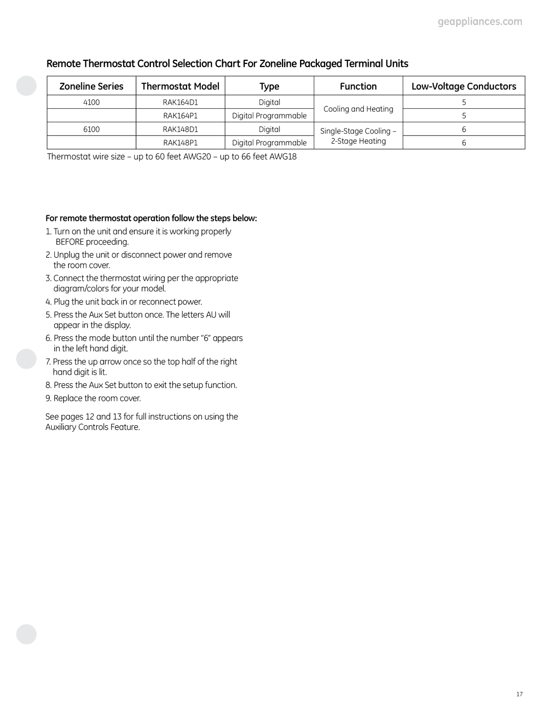 GE 4100 Zoneline Series, Type Function, Low-Voltage Conductors, For remote thermostat operation follow the steps below 